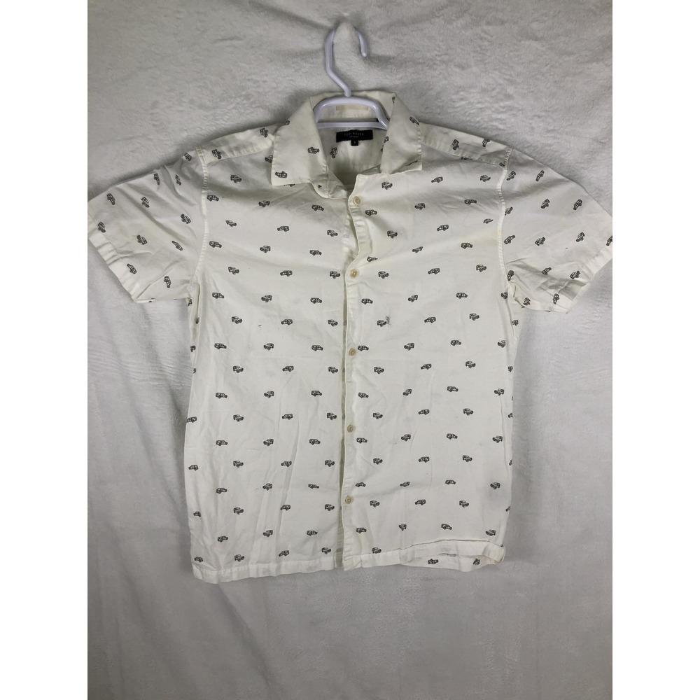 Ted‎ Baker Shirt Mens Small White Car Print Short Sleeve Button Up Made Portugal